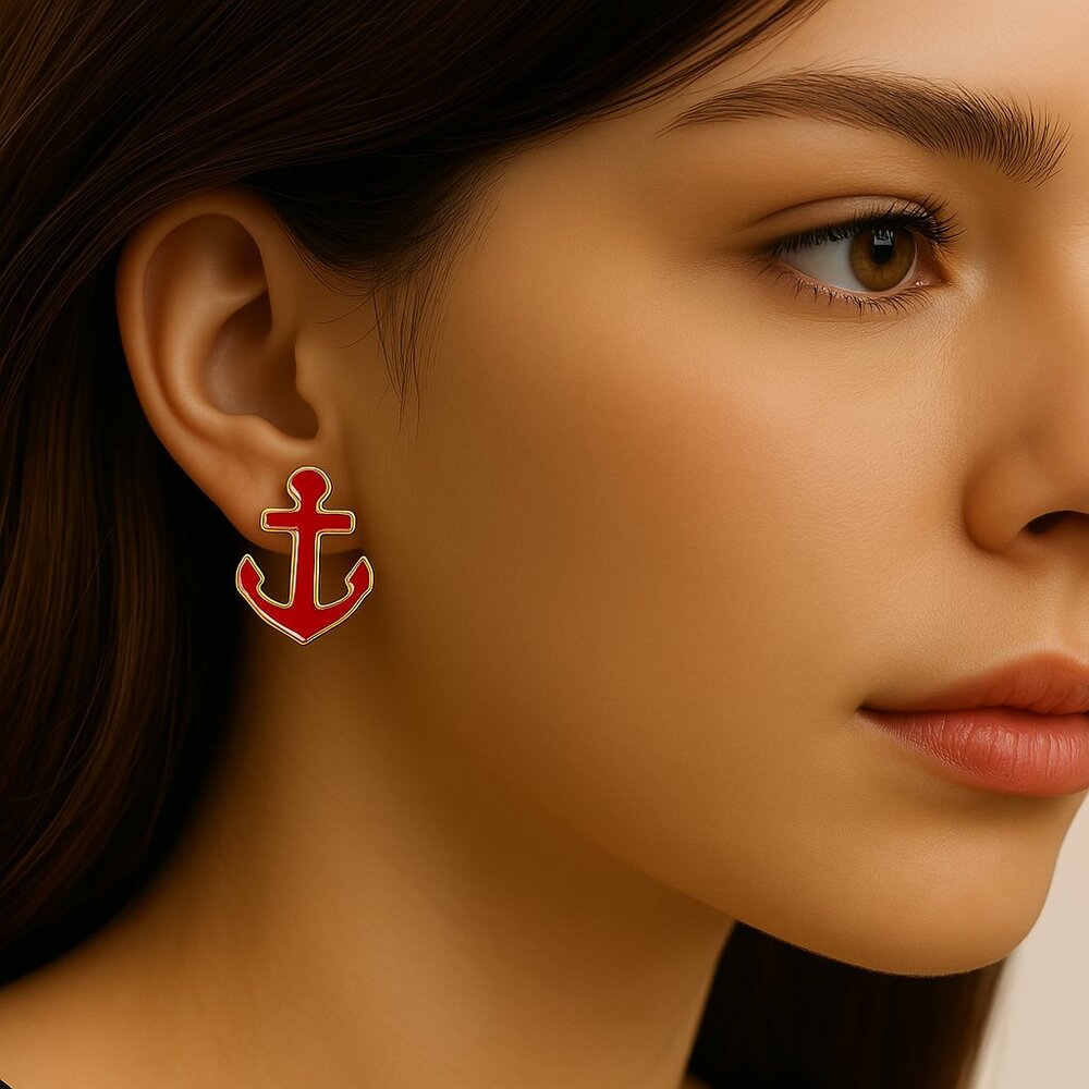Robert Rose Silver-Tone Red Anchor Post Earrings – Nautical-Inspired Women’s